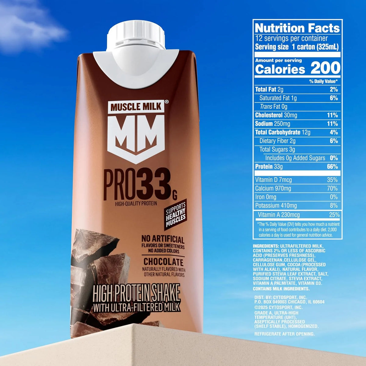 Muscle Milk Pro High Protein Shake, Chocolate, 11 fl oz Cartons, (4 Pack) Ultra-Filtered Milk, 33g High Quality Protein, 3g Sugar, 200 Calories, No Artificial Flavors, No Artificial Sweeteners, No Added Colors