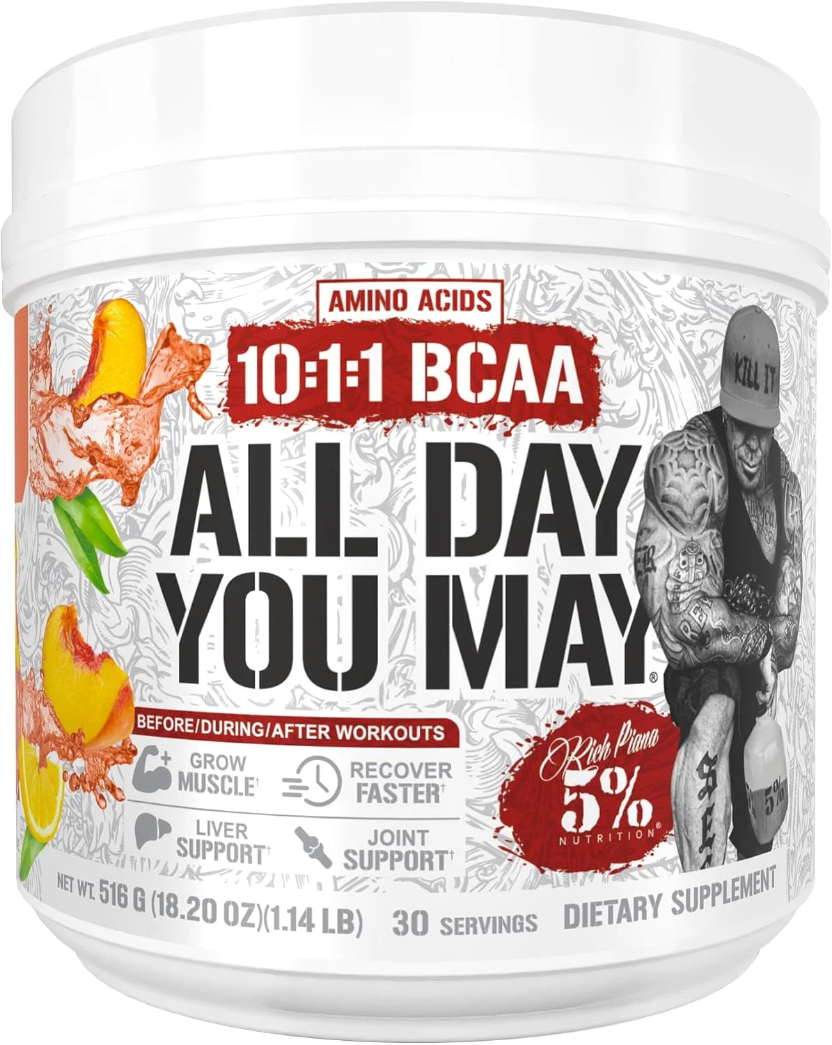 5% Nutrition AllDayYouMay BCAA Powder and EAAs (Peach Tea)
