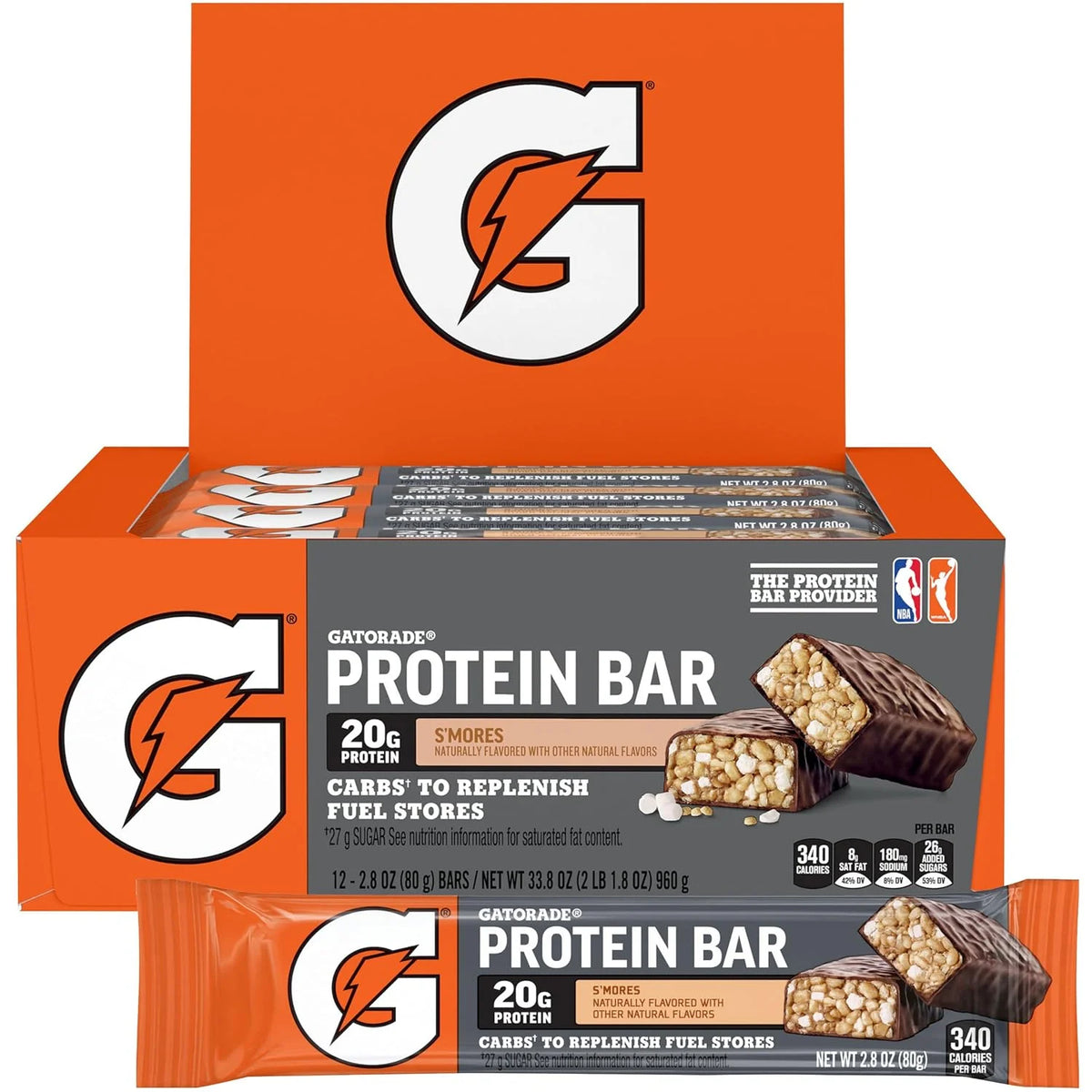 Gatorade Protein Bars, S'mores, 20g Whey Protein, NSF Certified, 2.8 oz Bars, (12 Pack)