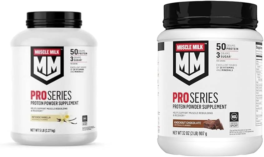 Muscle Milk Pro Series Protein Powder Supplement, Intense Vanilla, 5 Pound, 28 Servings & Pro Series Protein Powder Supplement,Knockout Chocolate,2 Pound,11 Servings,50g Protein
