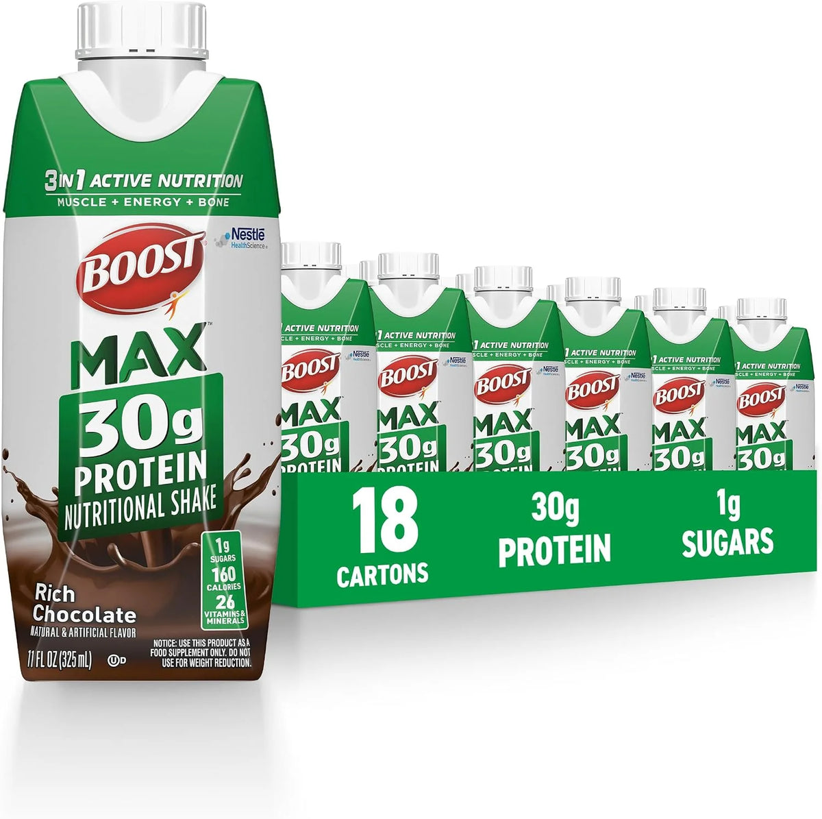 BOOST MAX Protein Shake Ready to Drink, 30g Protein, Chocolate, Bottle, Gluten Free, 26 Vitamins and Minerals, 1g Sugar, 11 fl oz (Pack of 18)