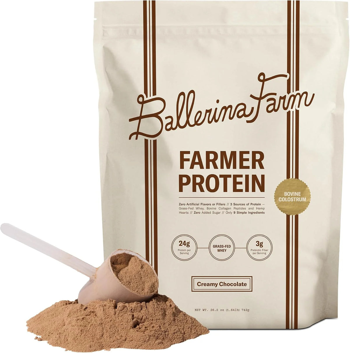 Ballerina Farm Grass Fed Whey Protein Powder Strawberry Crème, 24g Protein with Collagen Peptides, Bovine Colostrum, Hemp Hearts, Prebiotic Fiber, No Added Sugar or Artificial Ingredients, 20 Servings