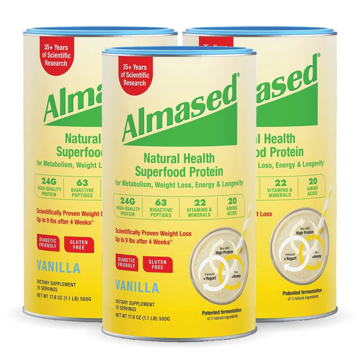 Almased Vanilla Meal Replacement Shake - Low-Glycemic High Plant Base Protein Powder- Nutritional Weight Health Support Supplement - Vanilla Flavor - 17.6 oz (1.1 Pound (4 Pack))
