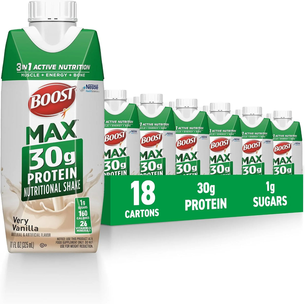BOOST MAX Protein Shake Ready to Drink, 30g Protein, Chocolate, Bottle, Gluten Free, 26 Vitamins and Minerals, 1g Sugar, 11 fl oz (Pack of 18)