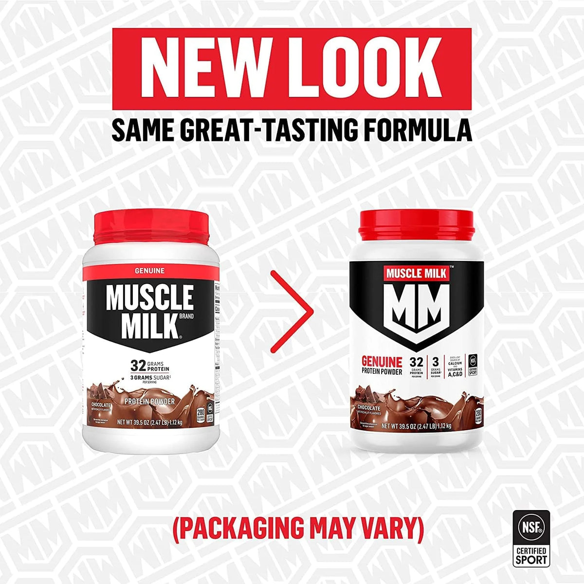 Muscle Milk Genuine Protein Powder, Natural Chocolate, 2.47 Pound, 16 Servings, 32g Protein, 2g Sugar, Calcium, Vitamins A, C & D, NSF Certified for Sport, Energizing Snack, Packaging May Vary