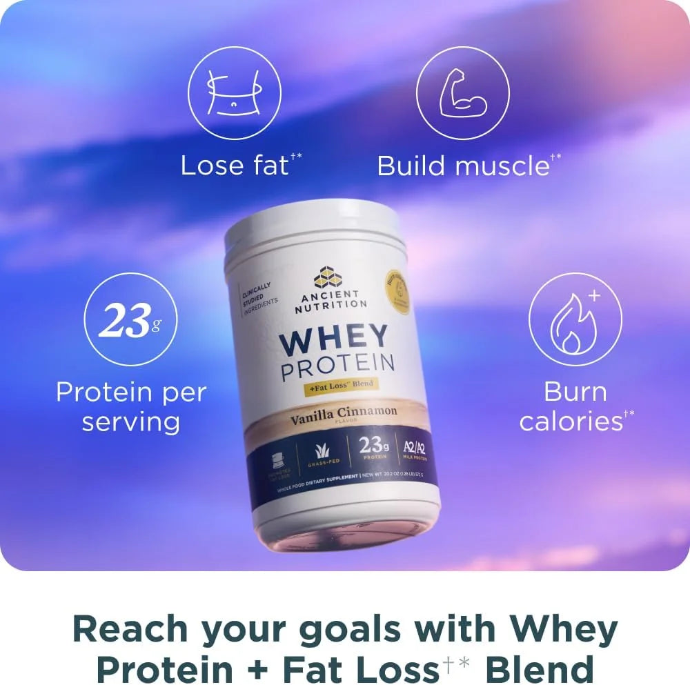 Ancient Nutrition Grass Fed Whey Protein + Fat Loss Blend, Vanilla Cinnamon