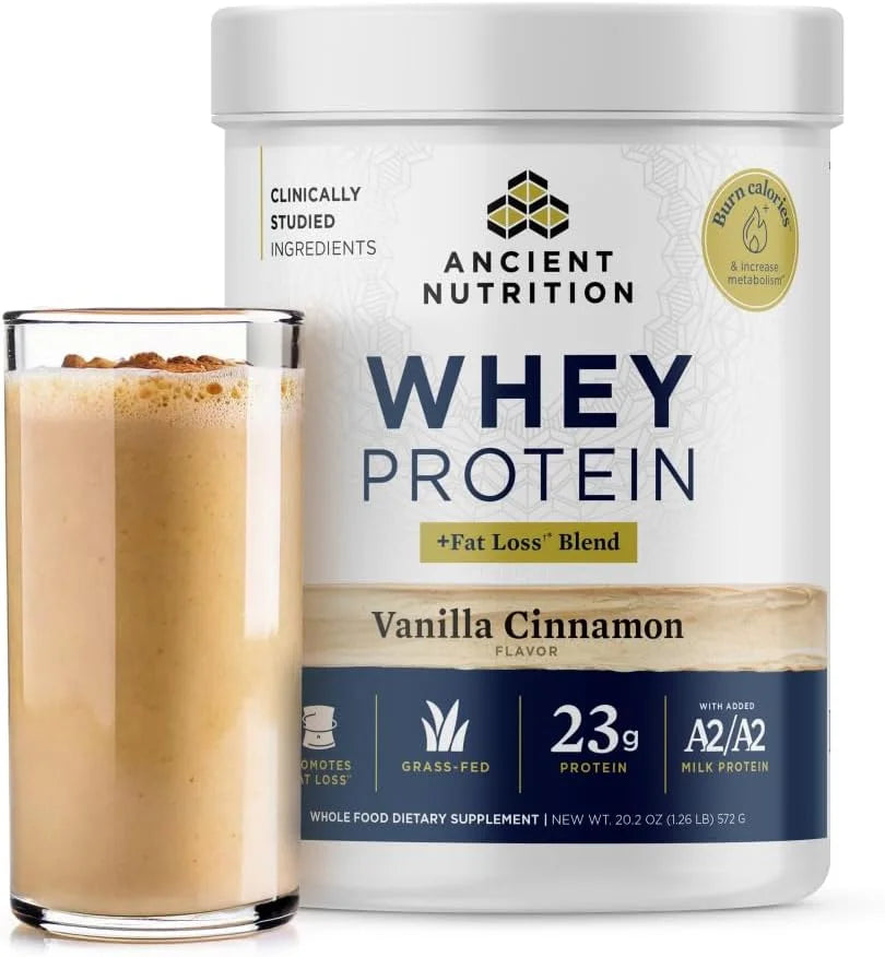 Ancient Nutrition Grass Fed Whey Protein + Fat Loss Blend, Vanilla Cinnamon