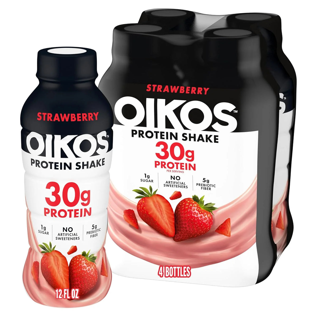 Oikos 30g Protein Shake, Strawberry, High Protein Drinks, Shelf Stable, Ready to Drink, 5g Prebiotic Fiber, 12 fl oz Bottle, 4 Count