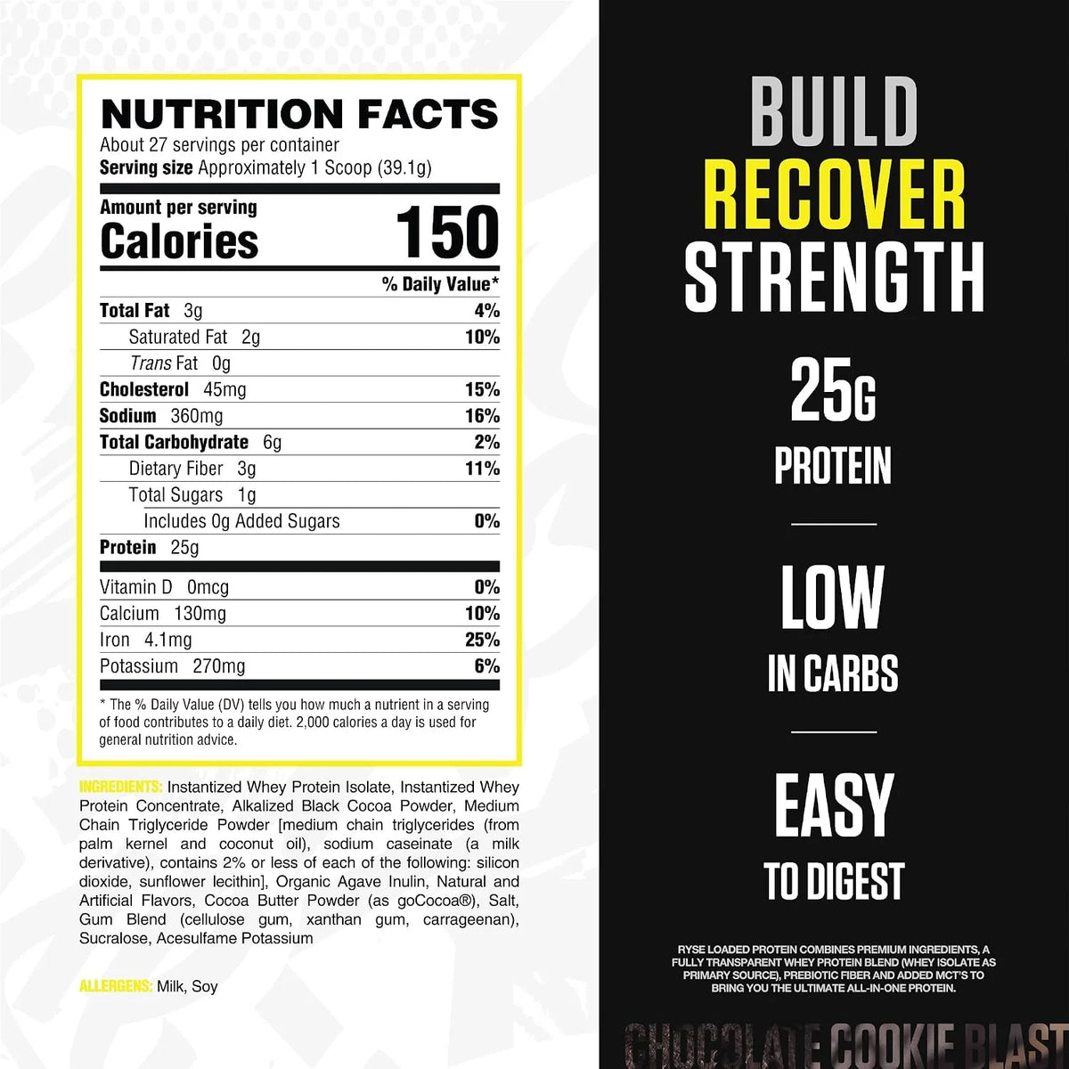 RYSE Loaded Protein Powder - Chocolate Cookie Blast - 25g Whey Protein Isolate & Concentrate with Prebiotic Fiber & MCTs - Low Carb, Low Sugar, Digestive-Friendly - 20 Servings / 1.5 lb Tub