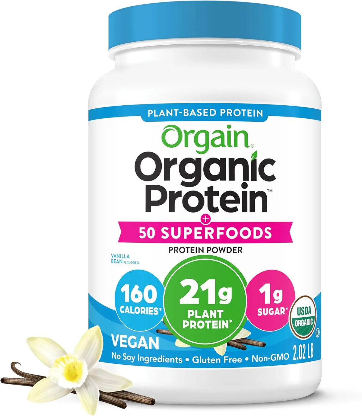 Orgain Organic Vegan 21g Protein + Superfoods Powder, Vanilla Bean, 2.02lb