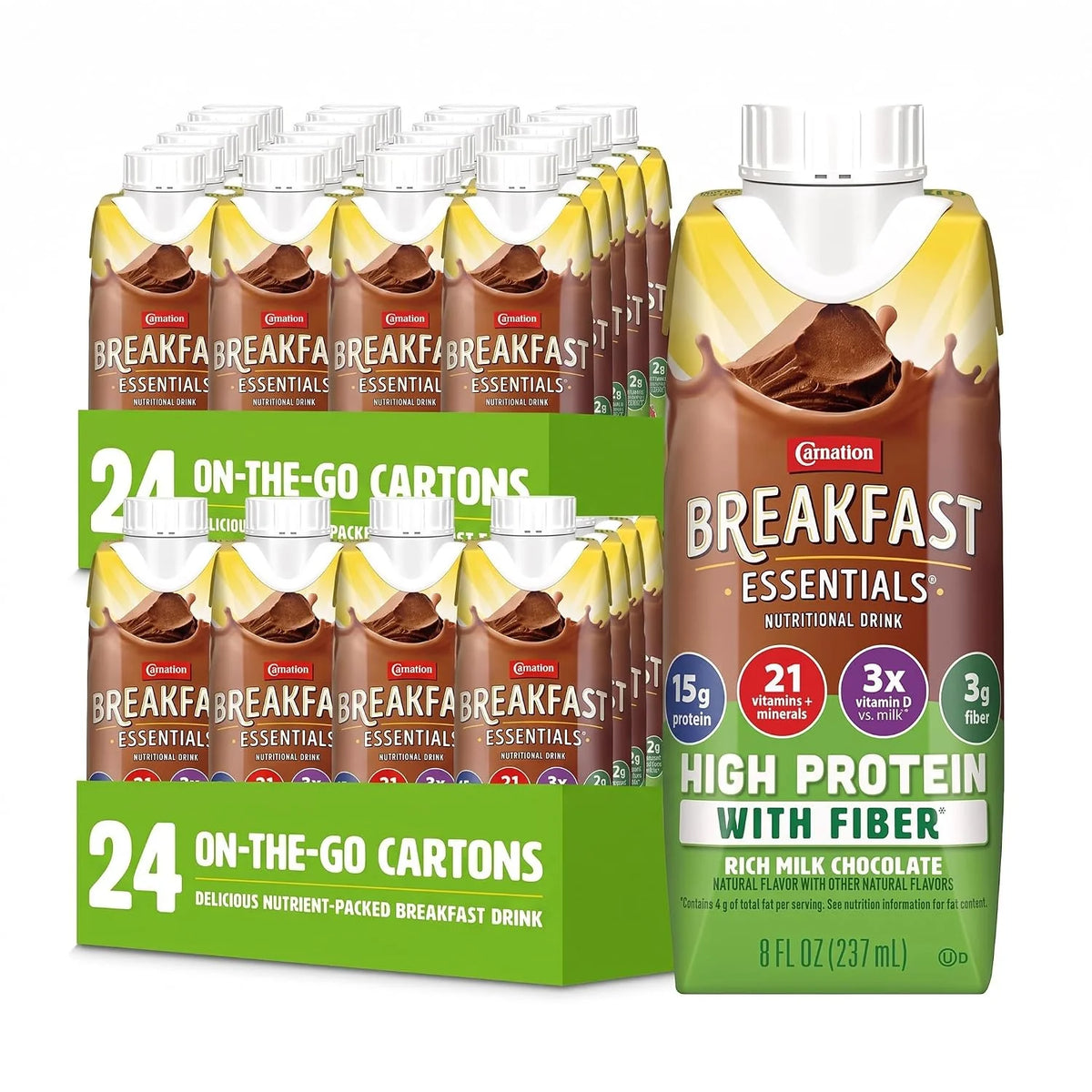 Carnation Breakfast Essentials High Protein with Fiber, Chocolate, 24 pk