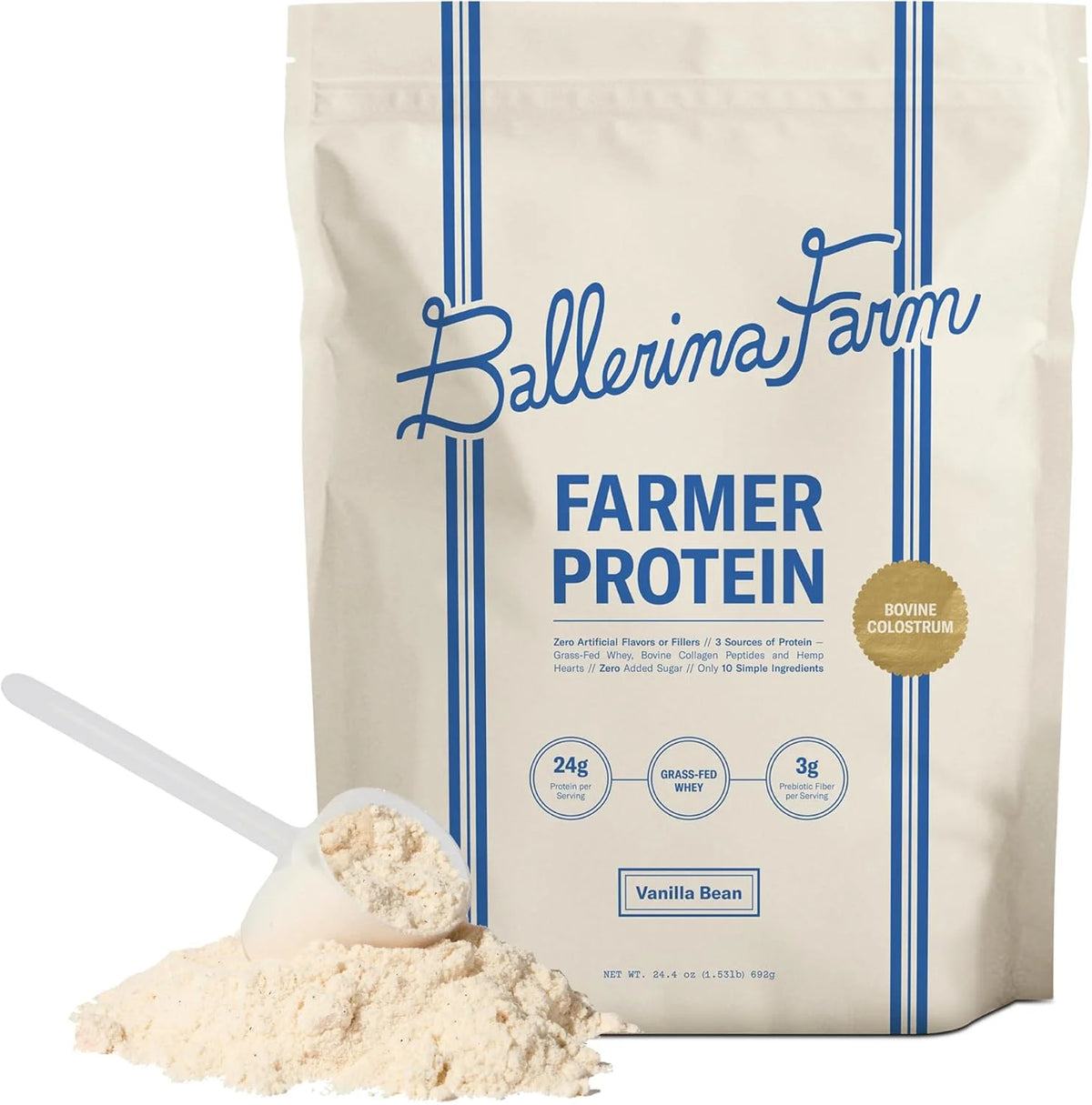 Ballerina Farm Grass Fed Whey Protein Powder Strawberry Crème, 24g Protein with Collagen Peptides, Bovine Colostrum, Hemp Hearts, Prebiotic Fiber, No Added Sugar or Artificial Ingredients, 20 Servings