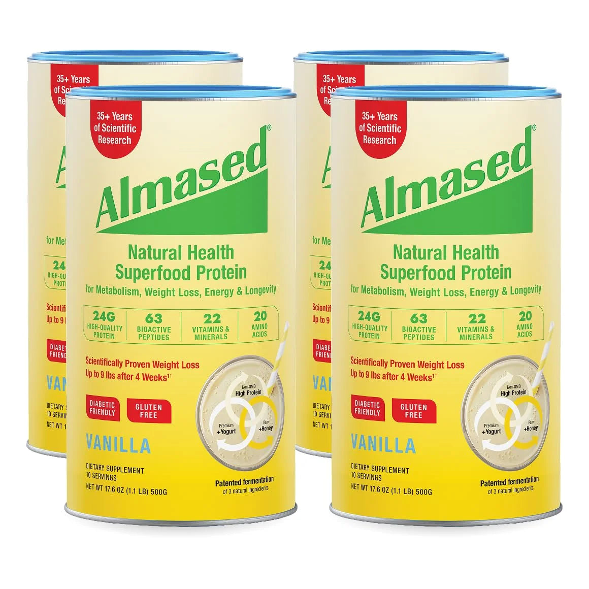Almased Vanilla Meal Replacement Shake - Low-Glycemic High Plant Base Protein Powder- Nutritional Weight Health Support Supplement - Vanilla Flavor - 17.6 oz (1.1 Pound (4 Pack))