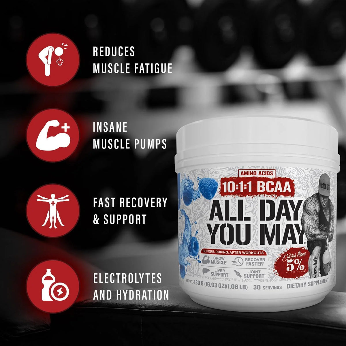 5% Nutrition AllDayYouMay BCAA Powder and EAAs (Peach Tea)