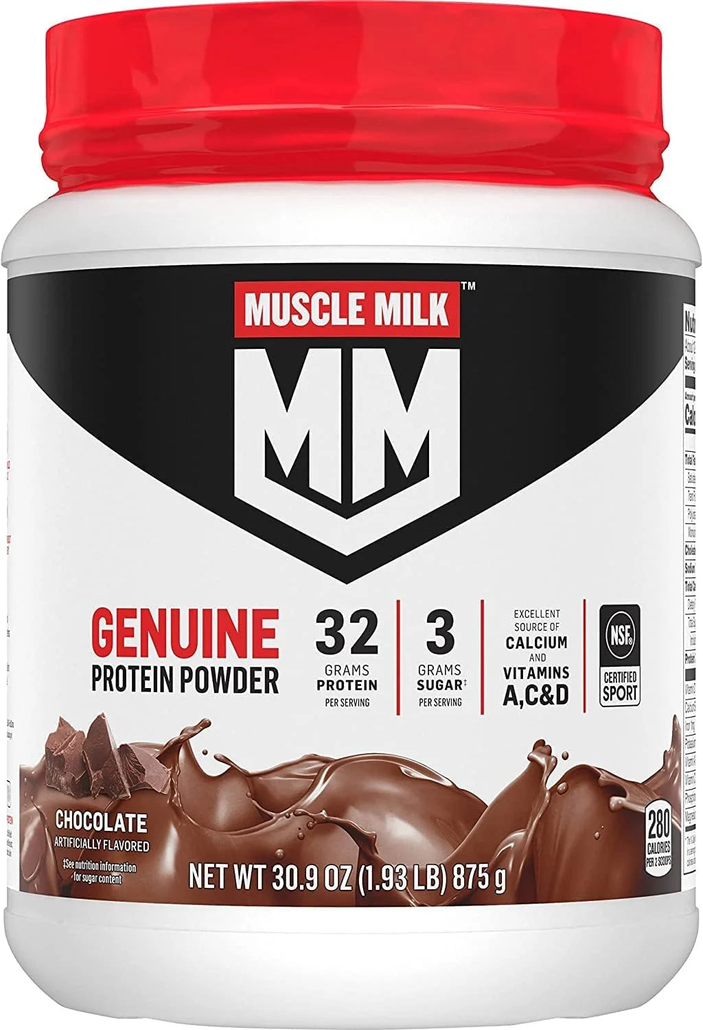 Muscle Milk Genuine Protein Powder, Chocolate, 1.93 Pounds, 13 Servings, 32g Protein, 2g Sugar, Calcium, Vitamins A, C & D, NSF Certified for Sport, Energizing Snack, Packaging May Vary