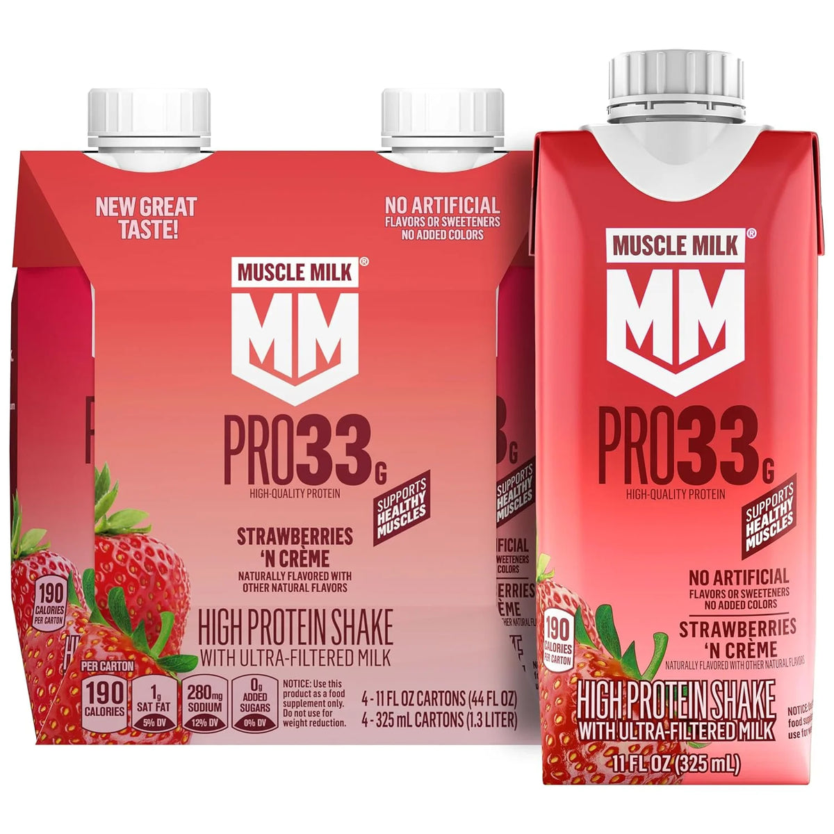 Muscle Milk Pro High Protein Shake, Strawberries 'N Creme, 11 fl oz Cartons, (4 Pack) Ultra-Filtered Milk, 33g High Quality Protein, 3g Sugar, 190 Calories, No Artificial Flavors, No Artificial Sweeteners, No Added Colors