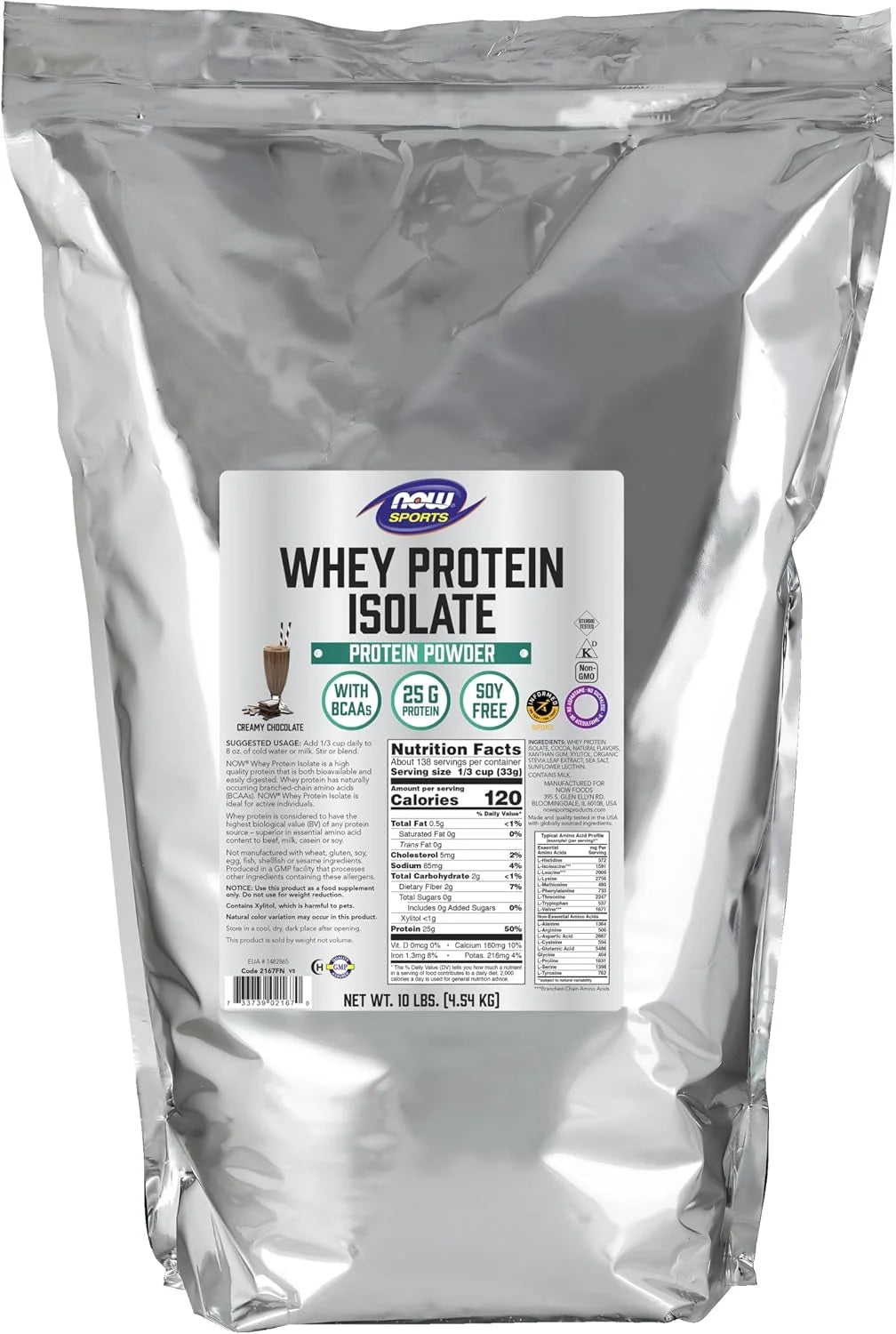 NOW Sports, Whey Protein Isolate 25 g With BCAAs, Chocolate Flavor, 10 lbs