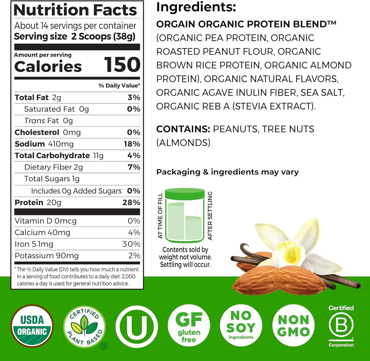 Orgain X Justin's 20g Protein Powder, Vanilla Almond Butter, 1.17 Pound (Pack of 6)