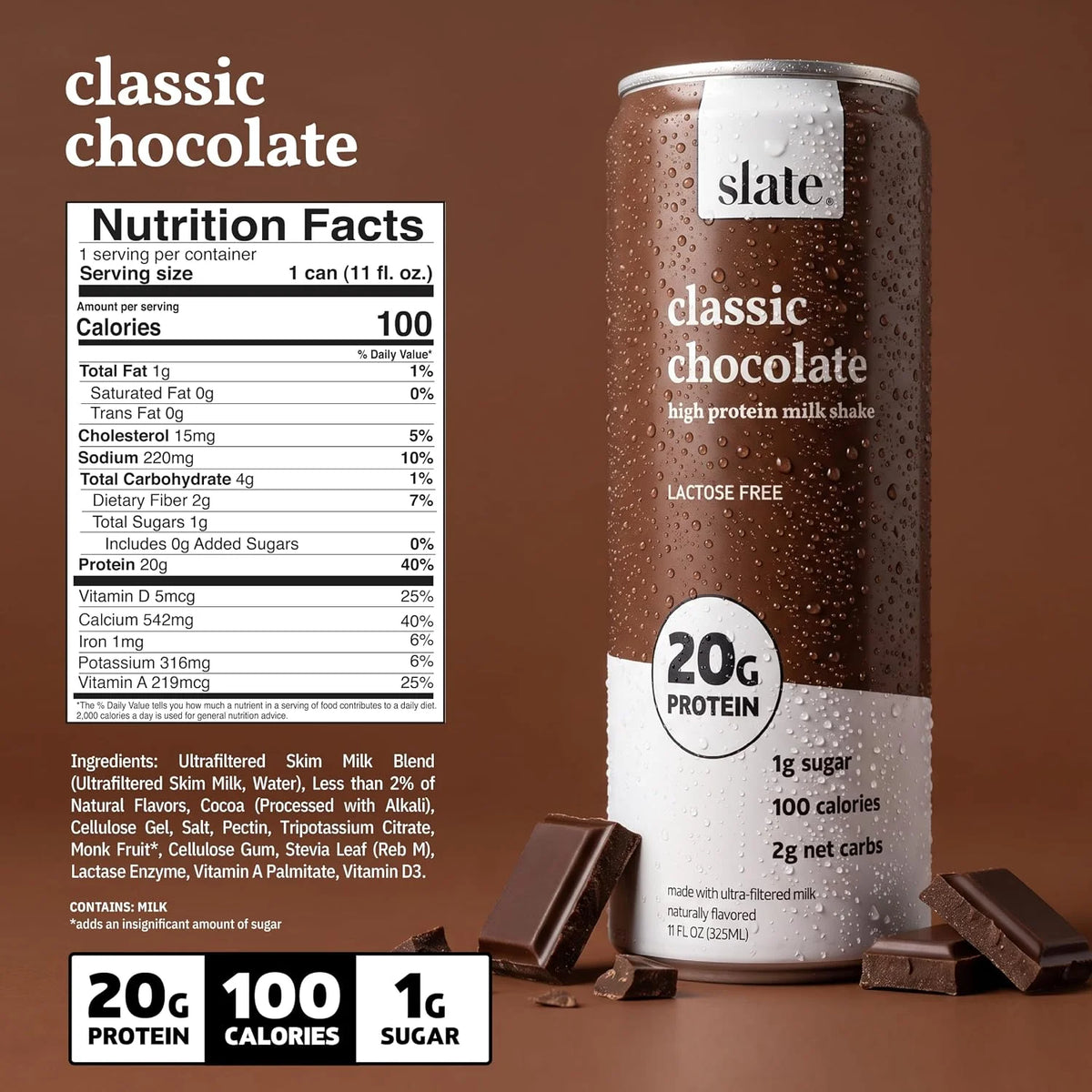 Slate Milk Classic Chocolate 20g High Protein Milk Shake (12 Cans)
