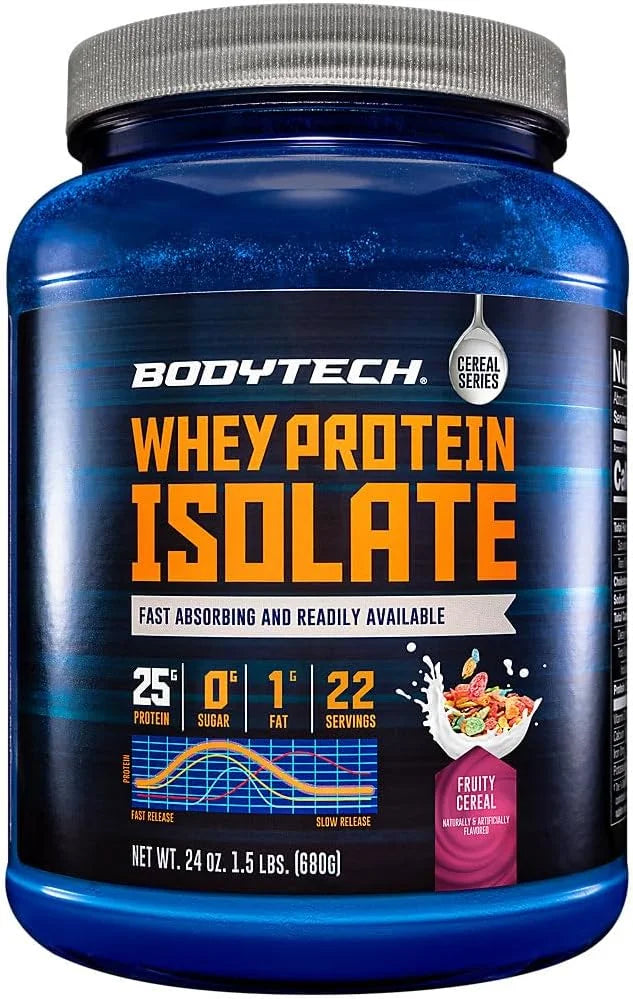 BodyTech Whey Protein Isolate Powder - 25g Protein per Serving with BCAAs - Fast-Absorbing for Muscle Growth & Recovery - Fruity Cereal (1.5 lb, 23 Servings)