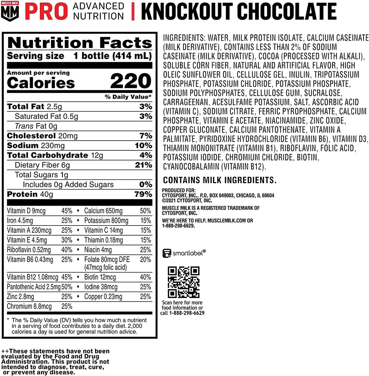 Muscle Milk Pro Advanced Nutrition Protein Shake, Knockout Chocolate, 14 Fl Oz Bottle, 12 Pack, 40g Protein, 1g Sugar, 16 Vitamins & Minerals, 6g Fiber, Workout Recovery, Packaging May Vary