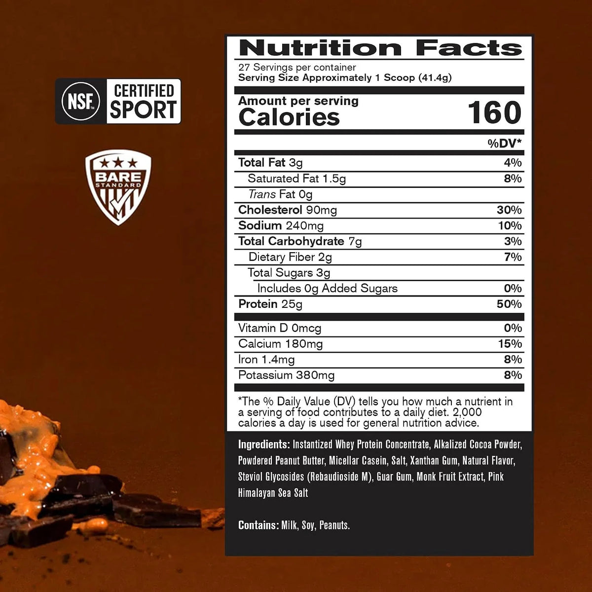 BARE PERFORMANCE NUTRITION, BPN Whey Protein + Casein Protein Powder Blend, Chocolate Peanut Butter, 25g Protein per Serving Supports Lean Muscle Recovery, 27 Servings, Third Party Tested