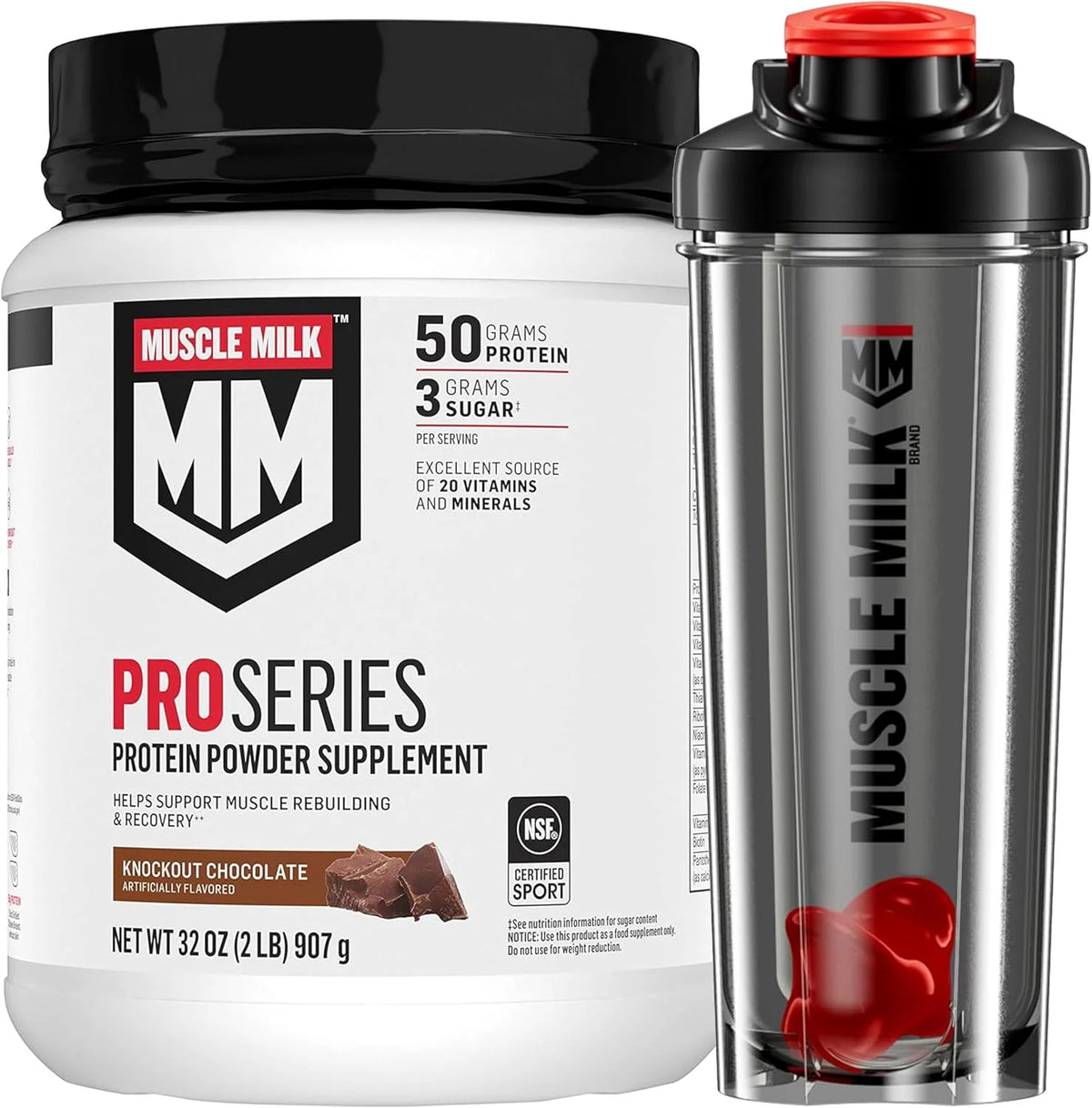 Bundle of Muscle Milk Pro Series Protein Powder Supplement,Knockout Chocolate,2 Pound,11 Servings,50g Protein,3g Sugar + Muscle Milk Blender Bottle, 24 Oz