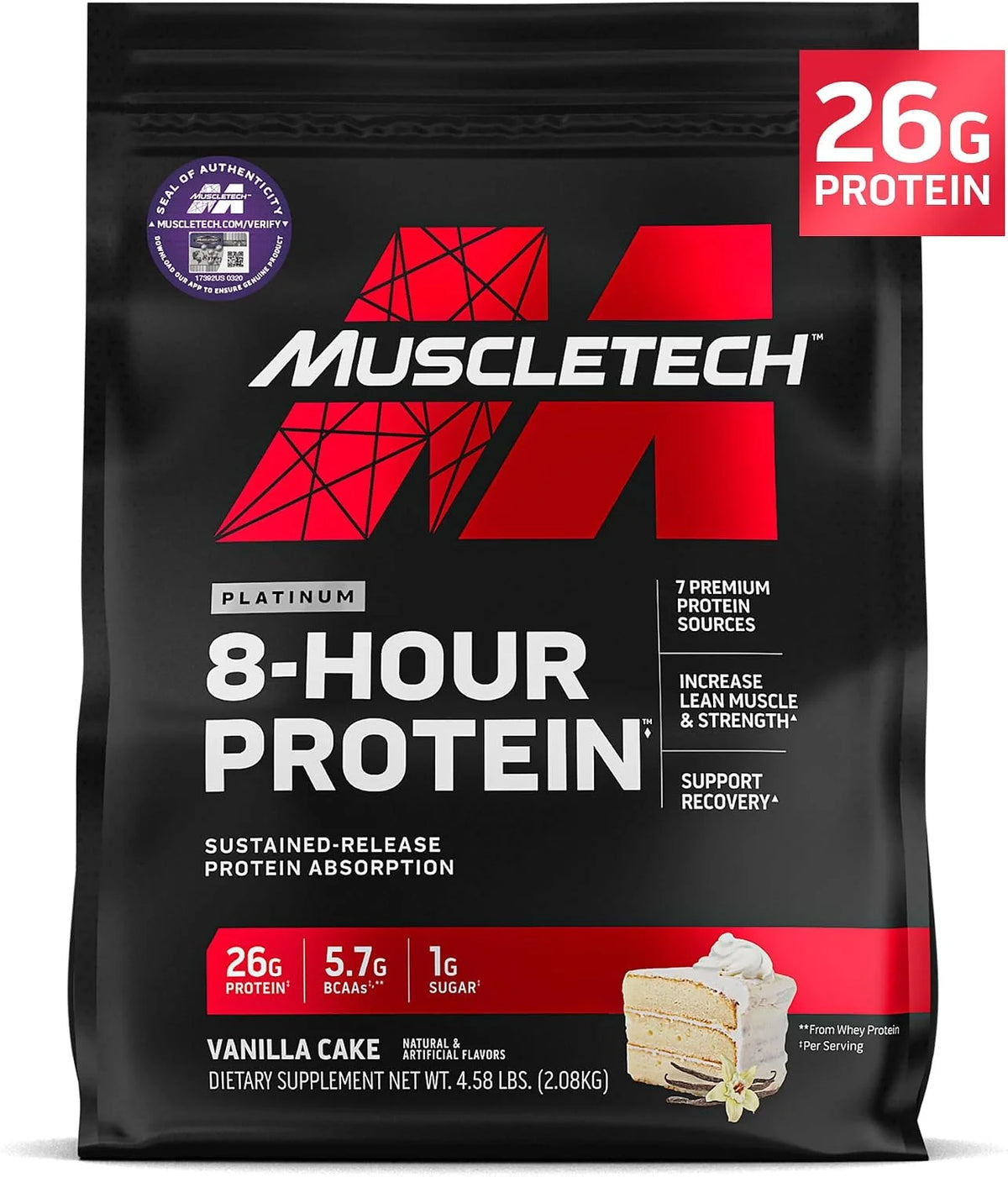 MuscleTech Platinum 8-Hour Protein Powder - Vanilla Cake, 50 Servings