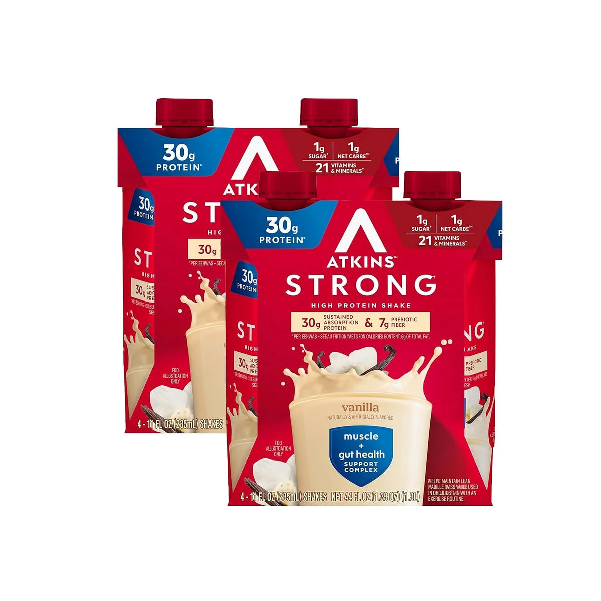 Atkins Strong High Protein Shake, Strawberry Flavored, 30g Protein, 7g Prebiotic Fiber, 1g Sugar Muscle and Gut Health Support, GLP-1 Support, Low Carb and Low Protein Shake, Gluten Free, 12 Count