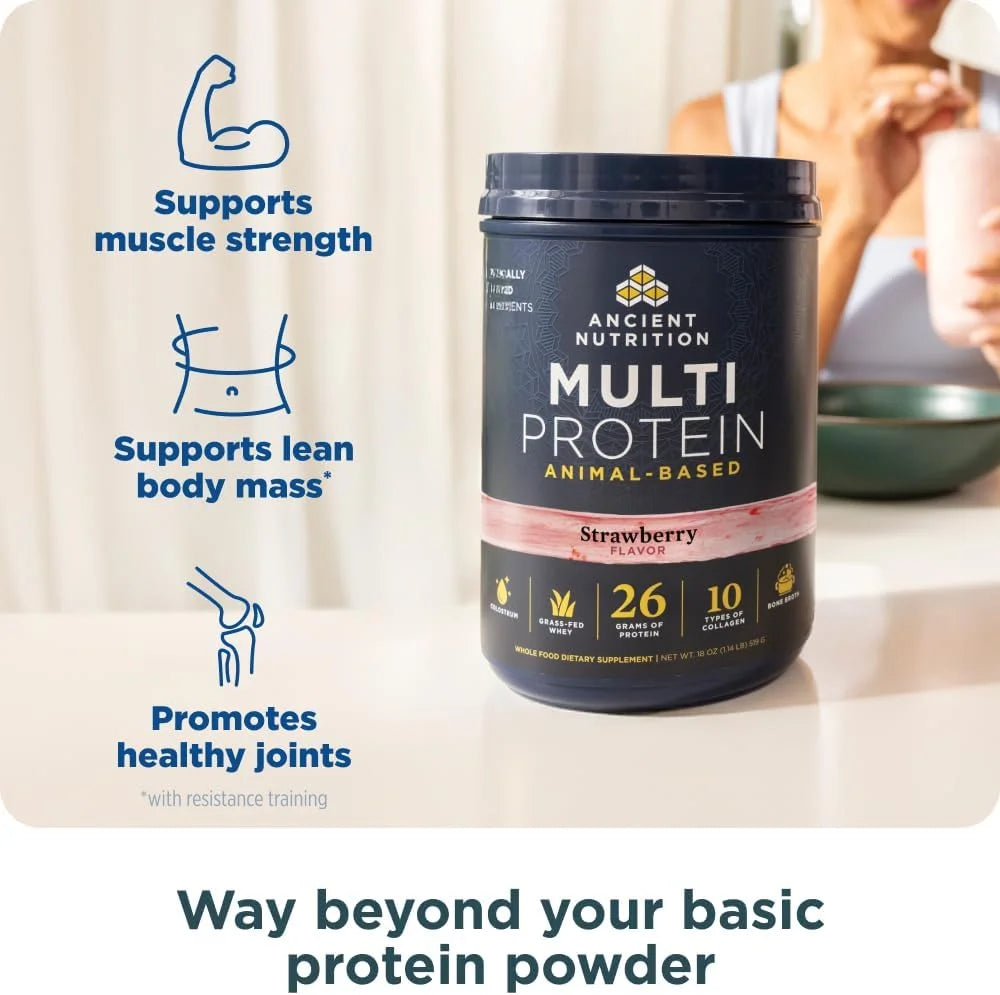 Ancient Nutrition Grass Fed Multi Protein, Bone Broth, Whey, Strawberry