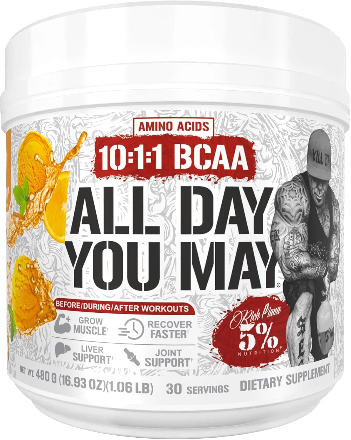 5% Nutrition AllDayYouMay BCAA Powder and EAAs (Peach Tea)