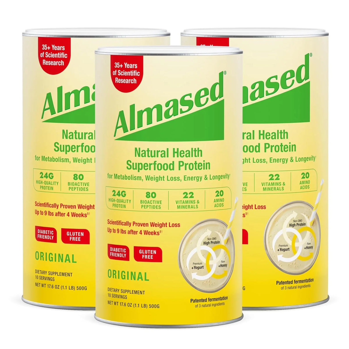 Almased Vanilla Meal Replacement Shake - Low-Glycemic High Plant Base Protein Powder- Nutritional Weight Health Support Supplement - Vanilla Flavor - 17.6 oz (1.1 Pound (4 Pack))