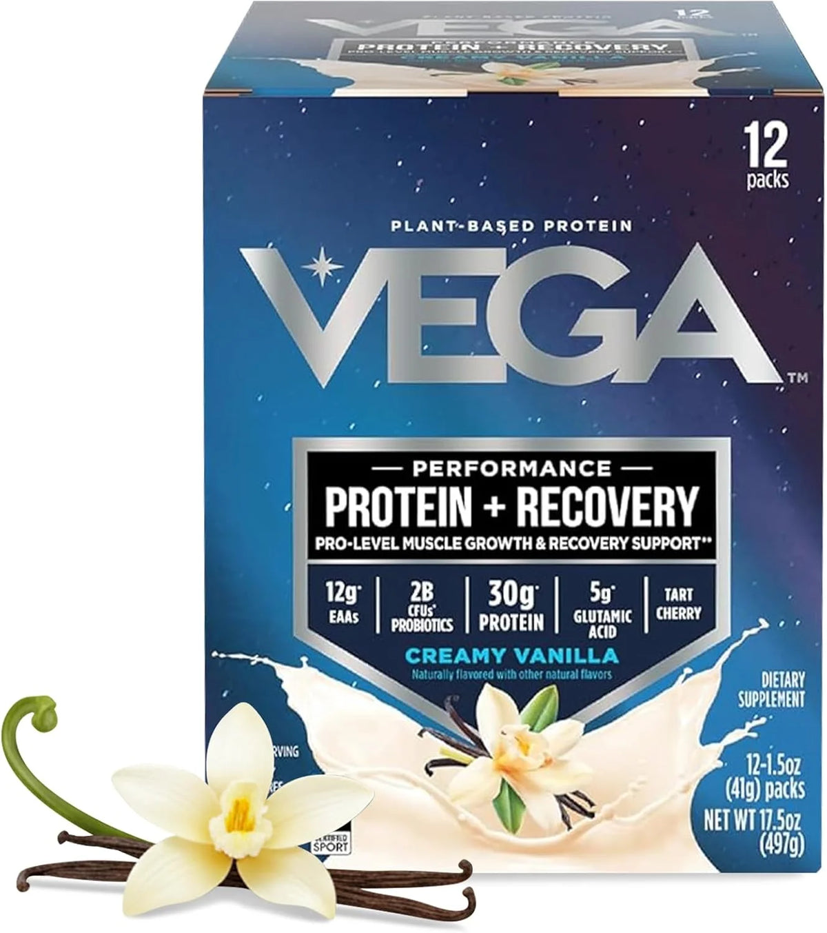 Vega Protein + Recovery, Vanilla – 30g Vegan Protein, Dairy & Gluten Free, Probiotics, NSF Certified, 12 x 1.6 oz (12 Servings)