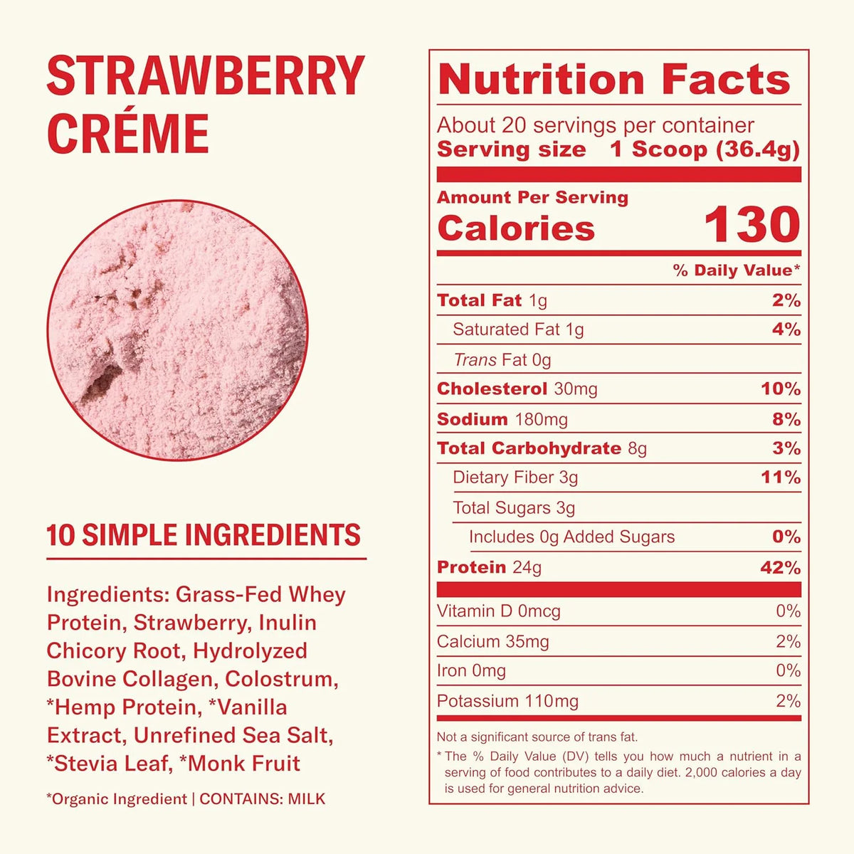 Ballerina Farm Grass Fed Whey Protein Powder Strawberry Crème, 24g Protein with Collagen Peptides, Bovine Colostrum, Hemp Hearts, Prebiotic Fiber, No Added Sugar or Artificial Ingredients, 20 Servings