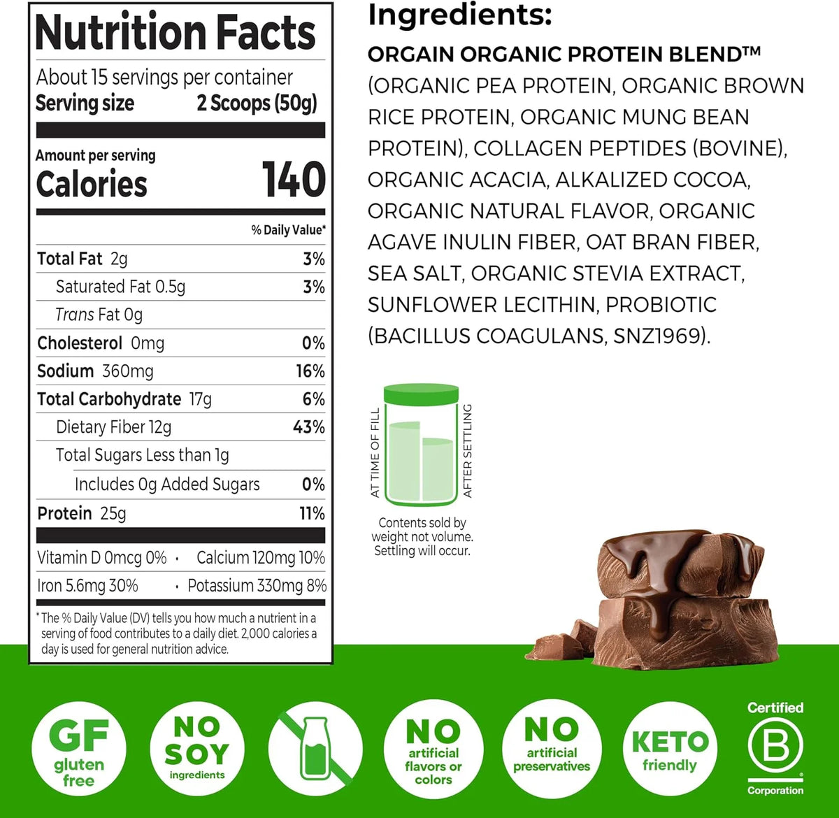 Orgain Organic 25g Protein + 10g Collagen Powder, Chocolate Fudge, 1.6lb