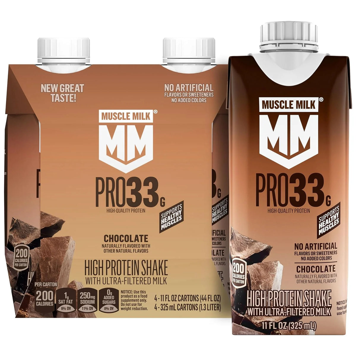 Muscle Milk Pro High Protein Shake, Chocolate, 11 fl oz Cartons, (4 Pack) Ultra-Filtered Milk, 33g High Quality Protein, 3g Sugar, 200 Calories, No Artificial Flavors, No Artificial Sweeteners, No Added Colors