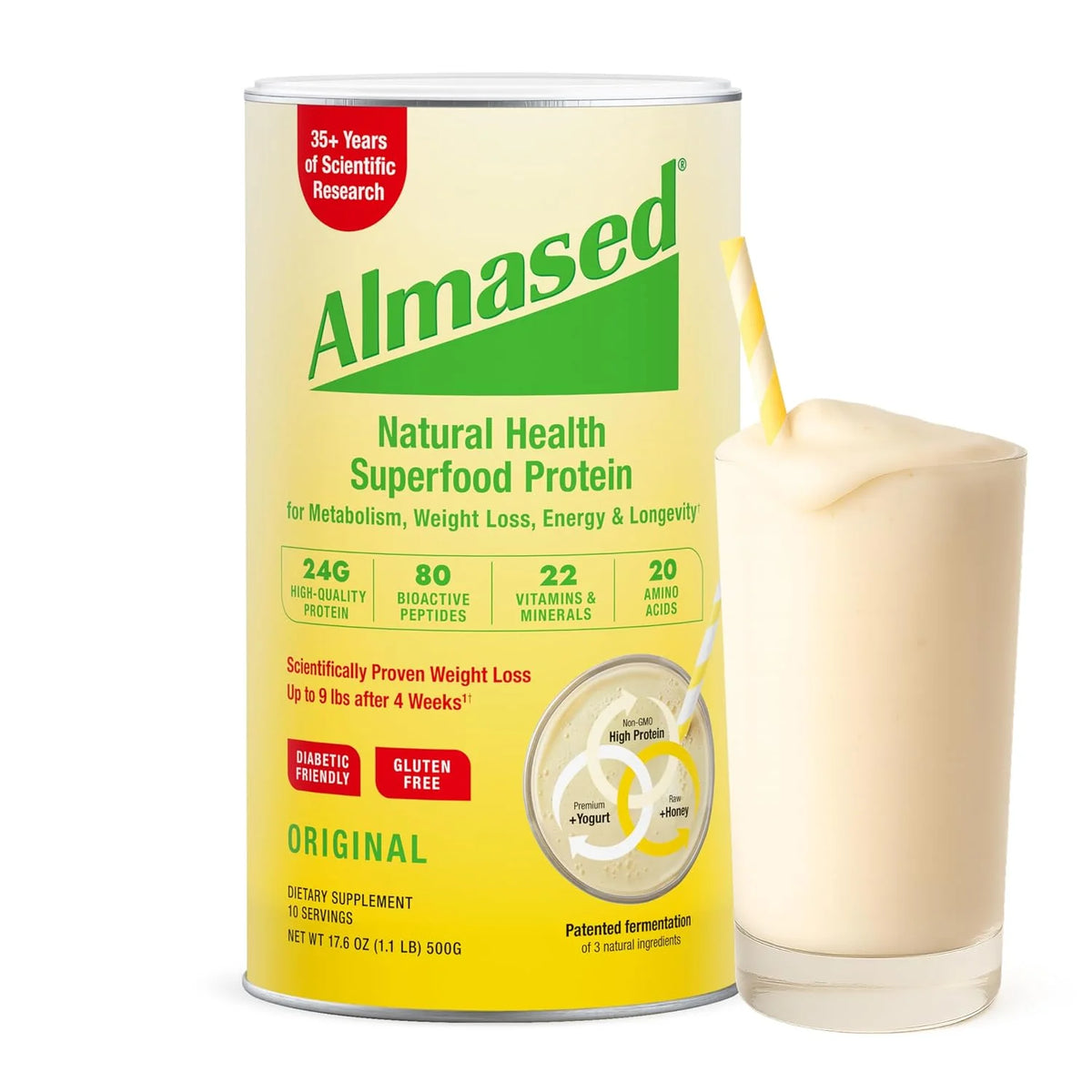 Almased Vanilla Meal Replacement Shake - Low-Glycemic High Plant Base Protein Powder- Nutritional Weight Health Support Supplement - Vanilla Flavor - 17.6 oz (1.1 Pound (4 Pack))
