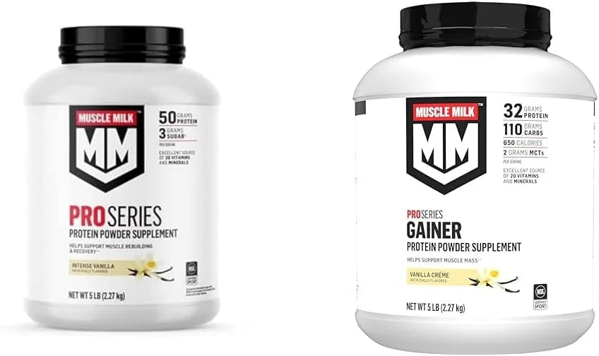 Muscle Milk Pro Series Protein Powder Supplement, Intense Vanilla, 5 Pound, 28 Servings & Gainer Protein Powder, Vanilla Creme, 32g Protein, 5 Pound