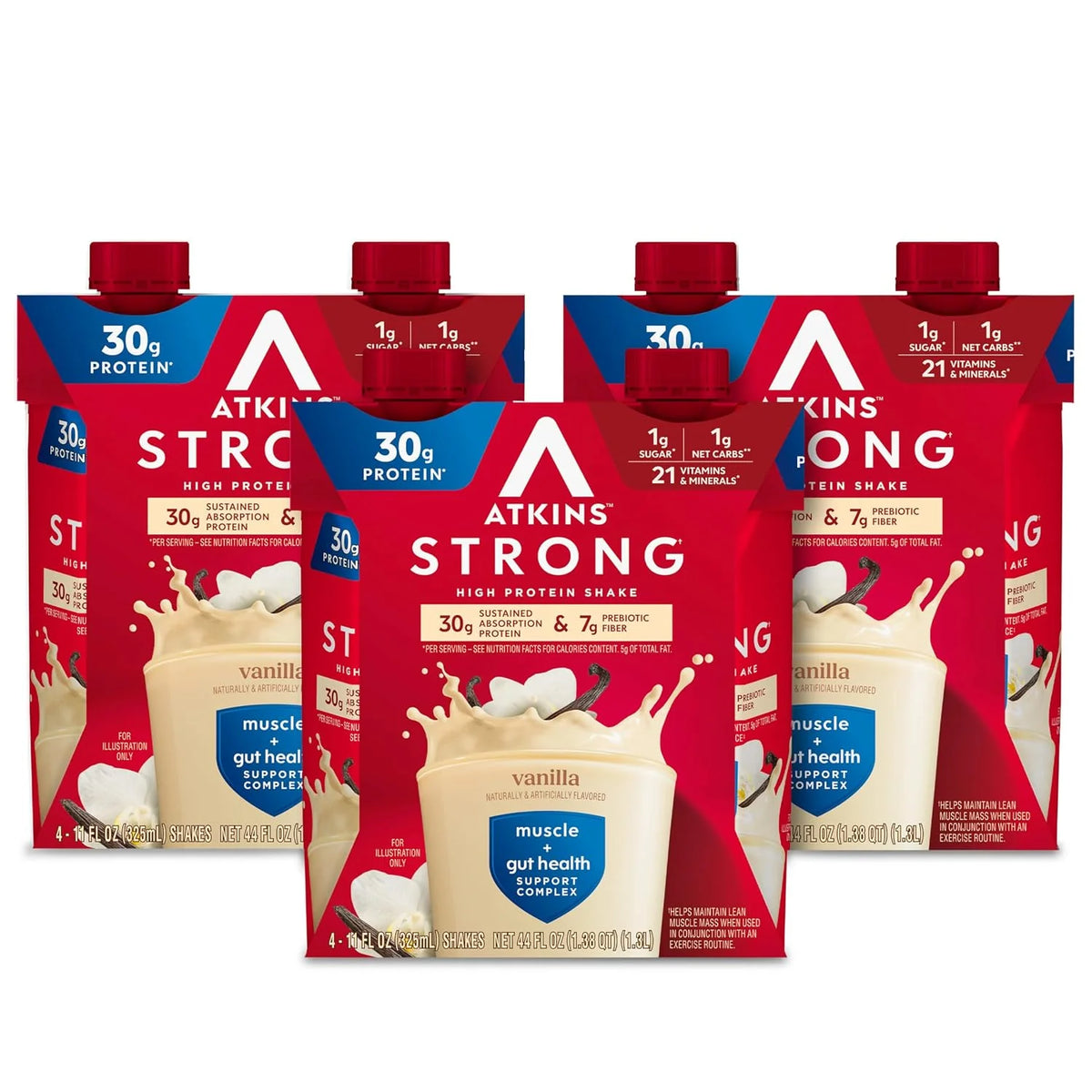 Atkins Strong High Protein Shake, Strawberry Flavored, 30g Protein, 7g Prebiotic Fiber, 1g Sugar Muscle and Gut Health Support, GLP-1 Support, Low Carb and Low Protein Shake, Gluten Free, 12 Count