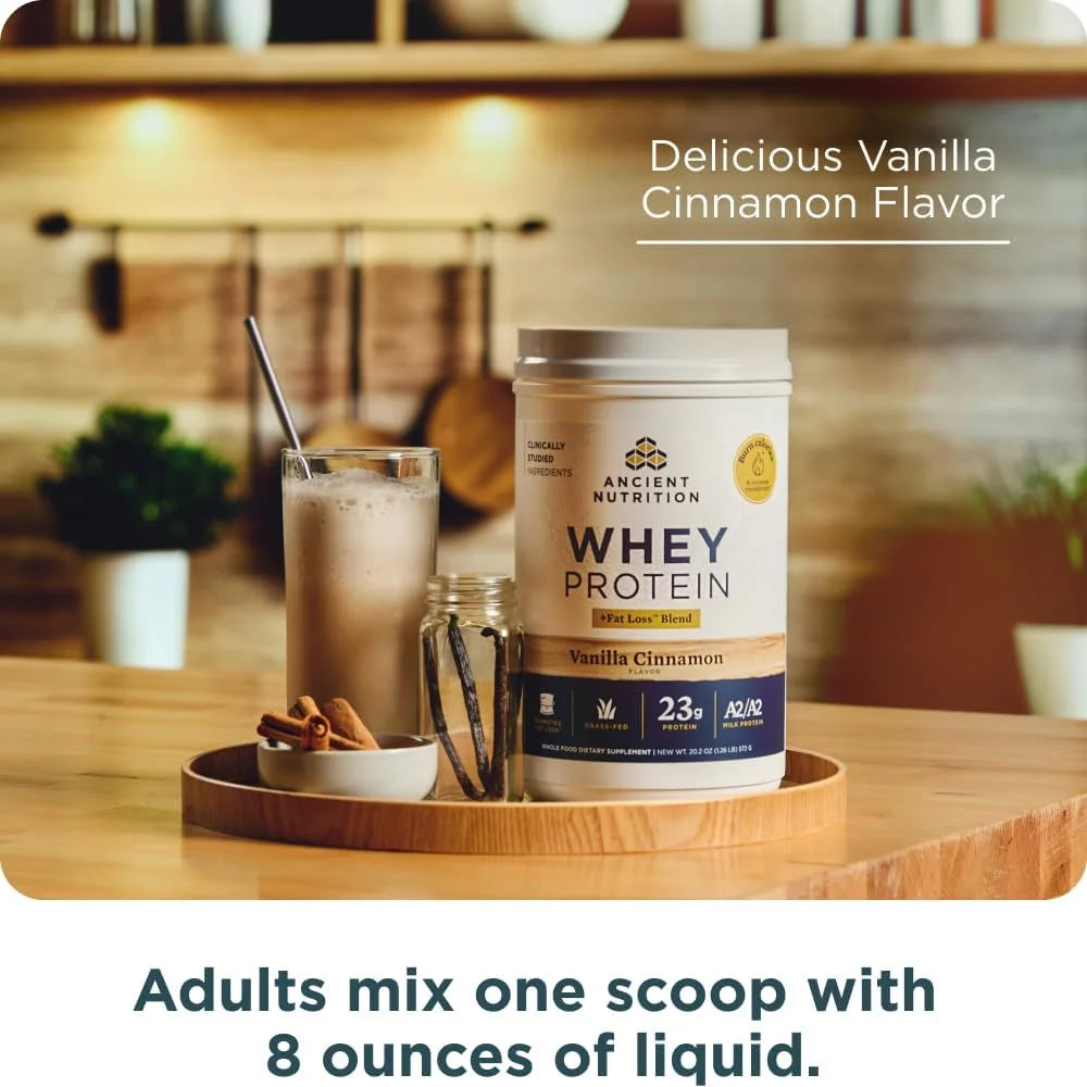 Ancient Nutrition Grass Fed Whey Protein + Fat Loss Blend, Vanilla Cinnamon