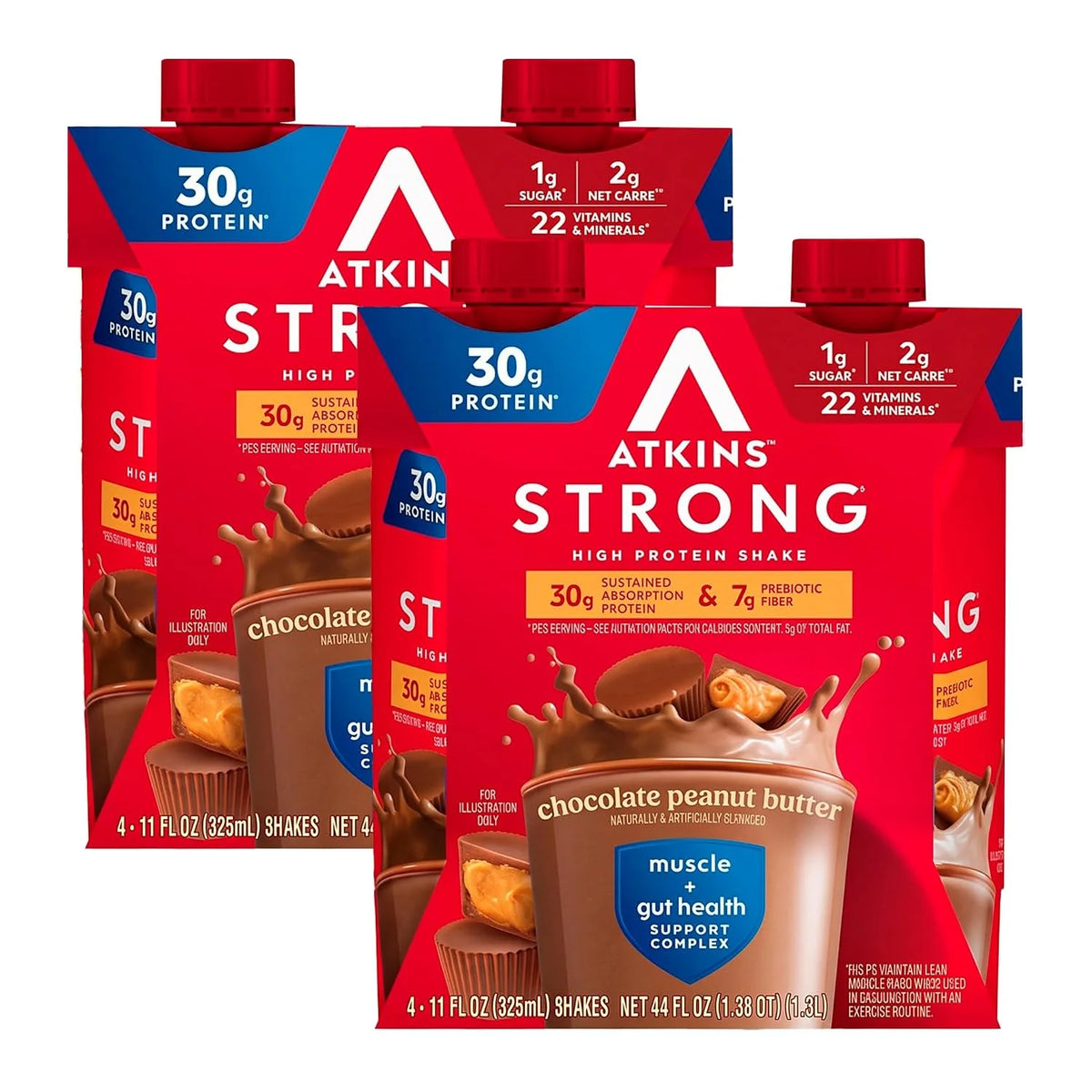 Atkins Strong High Protein Shake, Strawberry Flavored, 30g Protein, 7g Prebiotic Fiber, 1g Sugar Muscle and Gut Health Support, GLP-1 Support, Low Carb and Low Protein Shake, Gluten Free, 12 Count