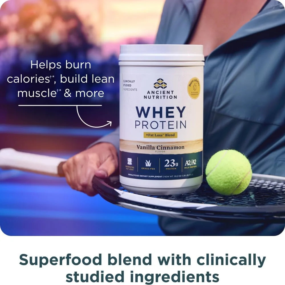 Ancient Nutrition Grass Fed Whey Protein + Fat Loss Blend, Vanilla Cinnamon