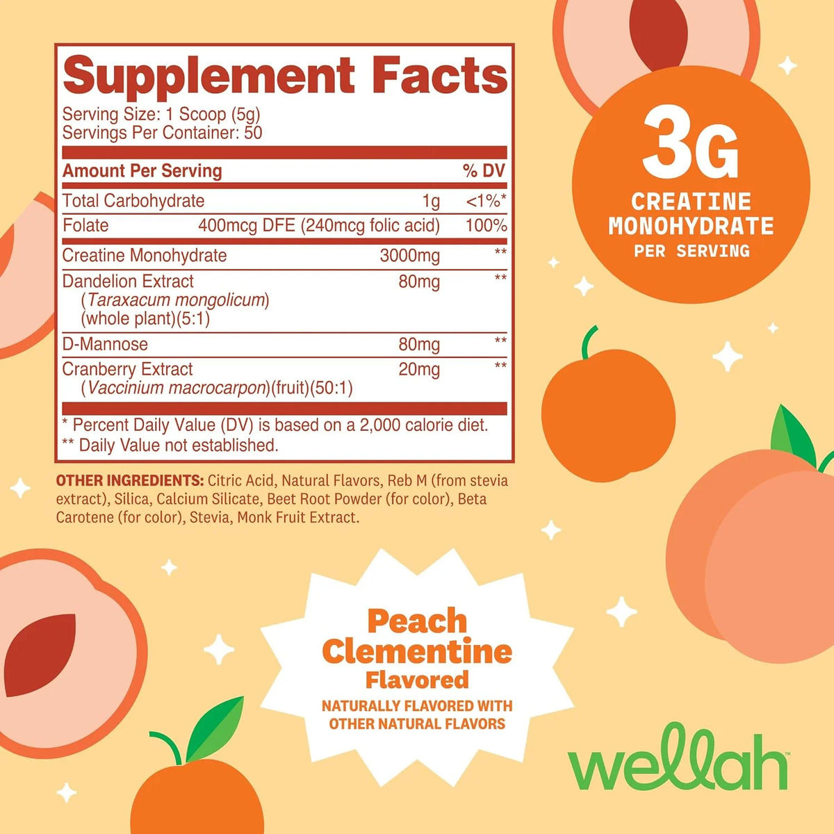 Wellah Creatine for Women (Clementine Peach) 50 Servings, 3g Per Serving