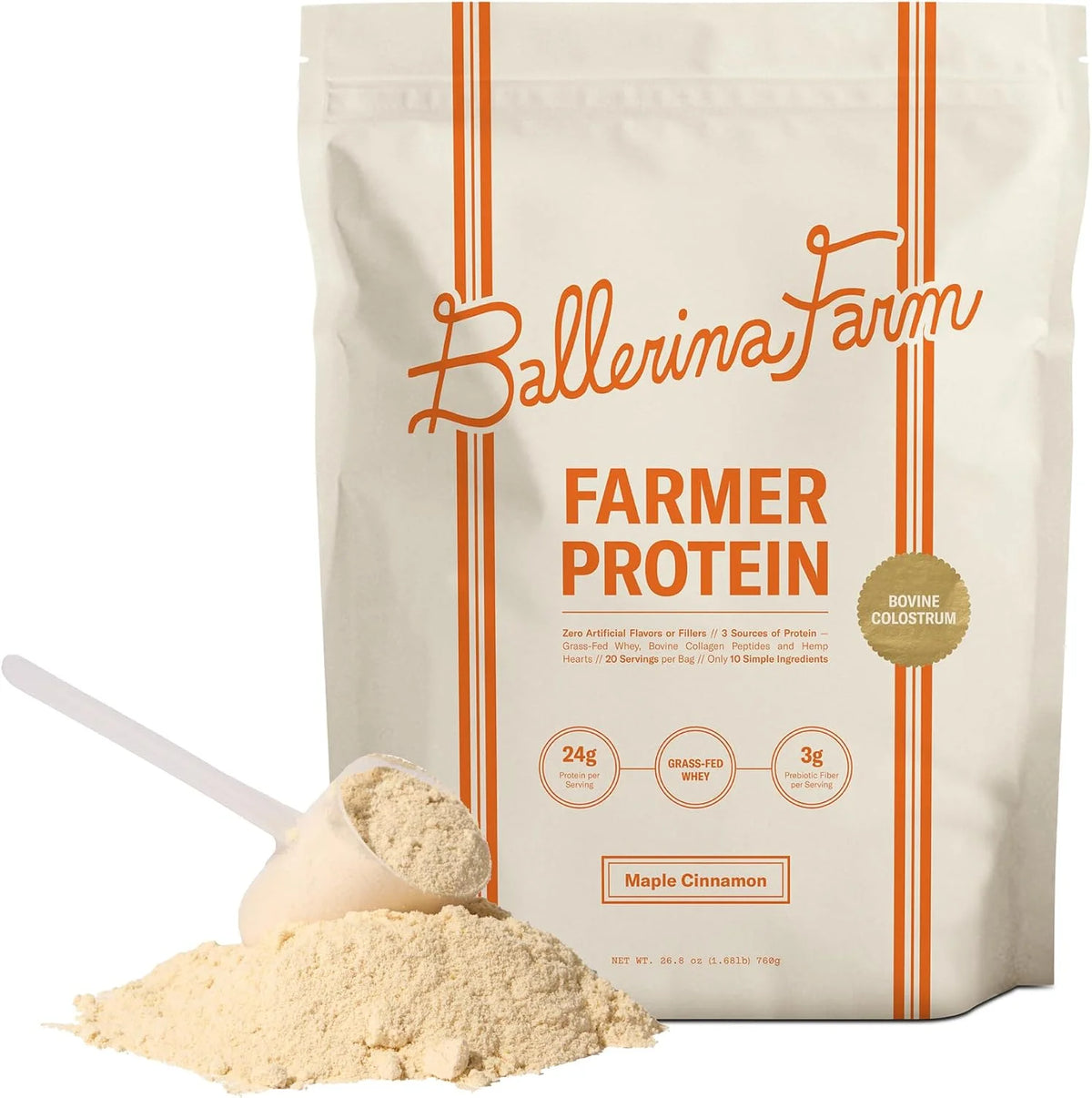 Ballerina Farm Grass Fed Whey Protein Powder Strawberry Crème, 24g Protein with Collagen Peptides, Bovine Colostrum, Hemp Hearts, Prebiotic Fiber, No Added Sugar or Artificial Ingredients, 20 Servings