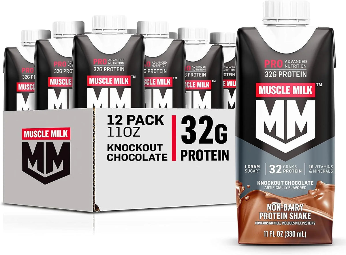 Muscle Milk Pro Advanced Nutrition Protein Shake, Knockout Chocolate, 11 Fl Oz Carton, 12 Pack, 32g Protein, 1g Sugar, 16 Vitamins & Minerals, 5g Fiber, Workout Recovery, Packaging May Vary