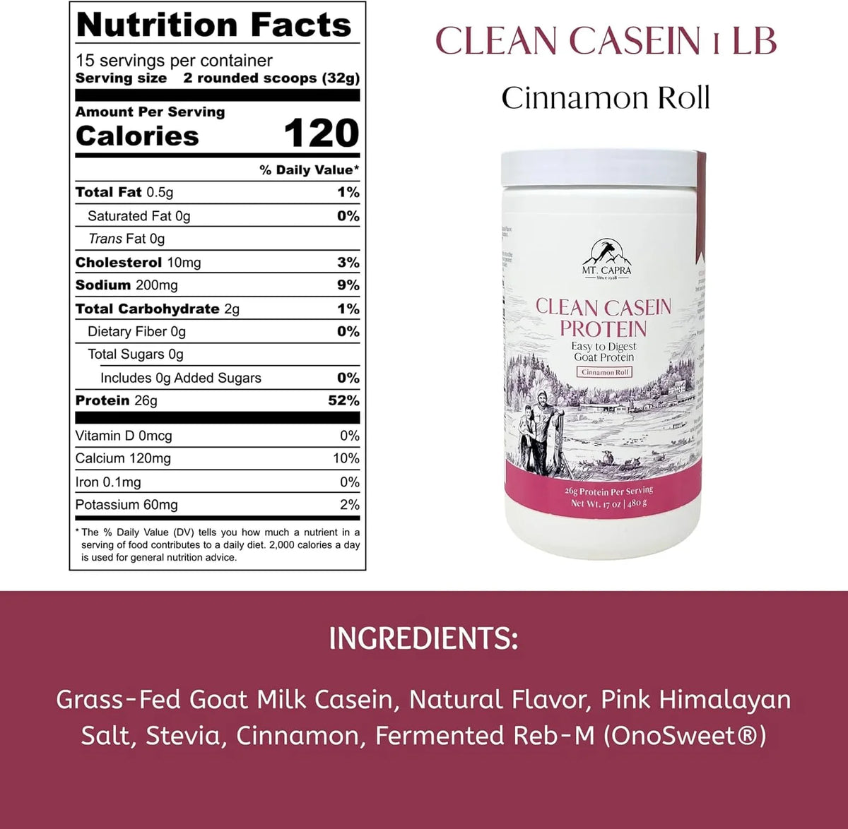 Mt. Capra Clean Casein Protein Powder | Cinnamon Roll Flavor, 1 lb